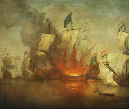 The Burning of HMS 'Royal James' at the Battle of Solebay on 28 May 1672, vintage artwork by Willem van de Velde the Younger, 12x8" (A4) Poster