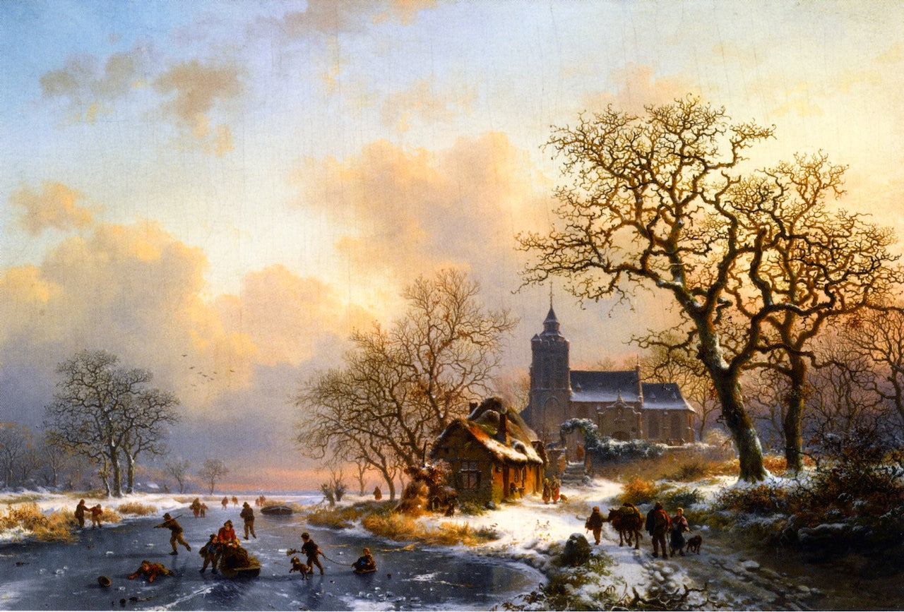 A Winter Landscape with Skaters on a Frozen River, vintage artwork by Frederk Marinus Kruseman, A3 (16x12") Poster Print