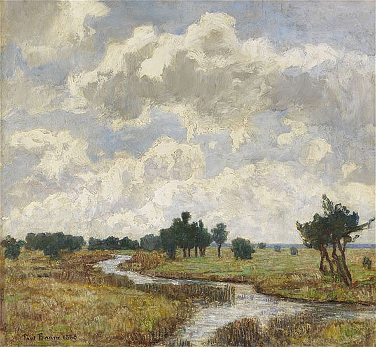 Sunshine and Clouds over marshy meadows, vintage artwork by Paul Baum, 12x8" (A4) Poster