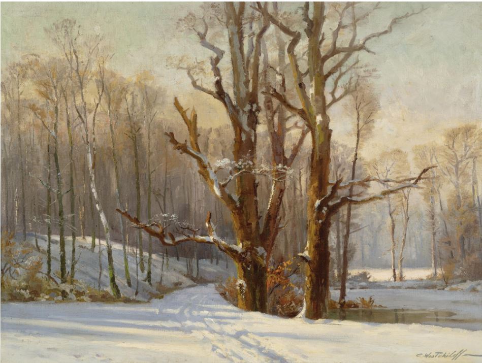 The Woods in Winter, vintage artwork by Konstantin Westchilov, 12x8" (A4) Poster