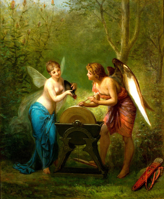 A Cupid And A Fairy Sharpening The Arrows, vintage artwork by Henri Pierre Picou, 12x8" (A4) Poster
