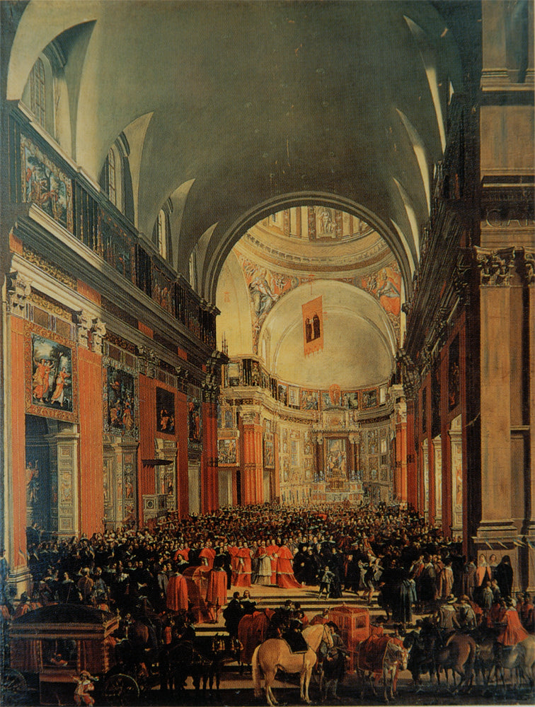Urban VIII Visiting Il Gesù during the Centenary Celebrations of the Jesuit Order, vintage artwork by Jan Miel, 12x8" (A4) Poster