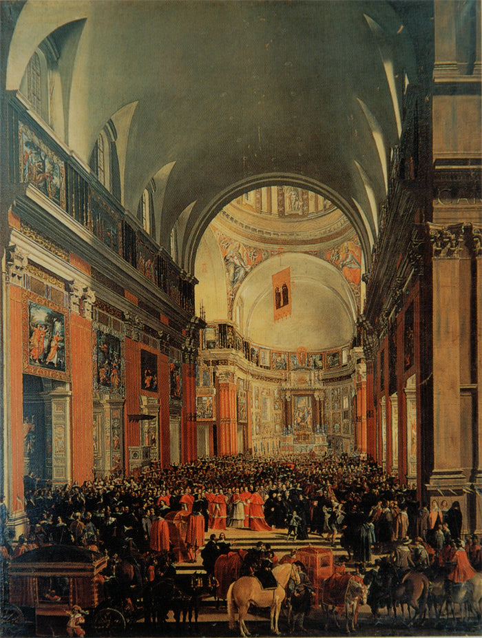 Urban VIII Visiting Il Gesù during the Centenary Celebrations of the Jesuit Order, vintage artwork by Jan Miel, 12x8