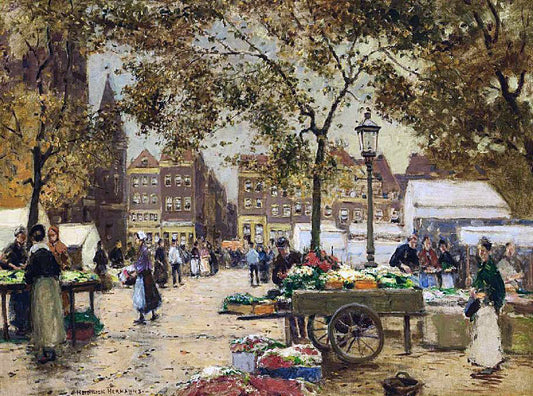At the Flower Market, vintage artwork by Heinrich Hermanns, 12x8" (A4) Poster