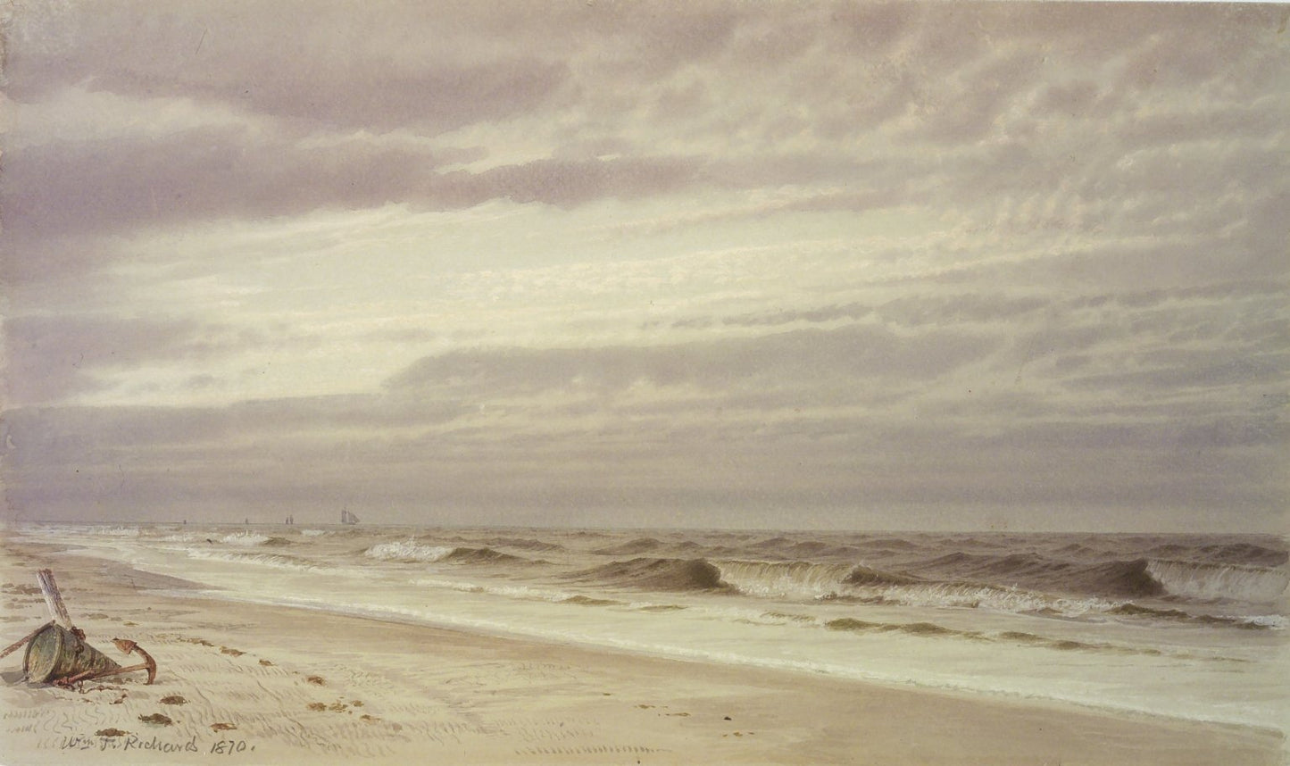Beach Scene with Barrel and Anchor, vintage artwork by William Trost Richards, 12x8" (A4) Poster