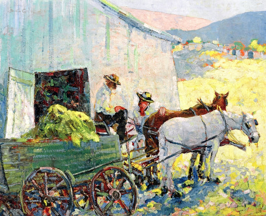 Wagon Team and Barn, vintage artwork by Selden Gile, 12x8" (A4) Poster