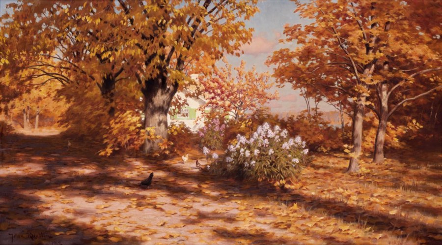 Chickens in the autumn garden by Johan Krouthen,A3(16x12")Poster