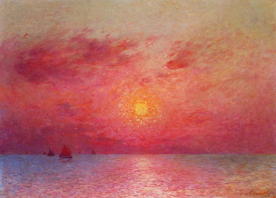 Sailboats at Sea, Evening, vintage artwork by Ferdinand du Puigaudeau, 12x8" (A4) Poster