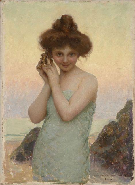 Young Woman with Sea Shell, vintage artwork by Jules Triquet, 12x8" (A4) Poster