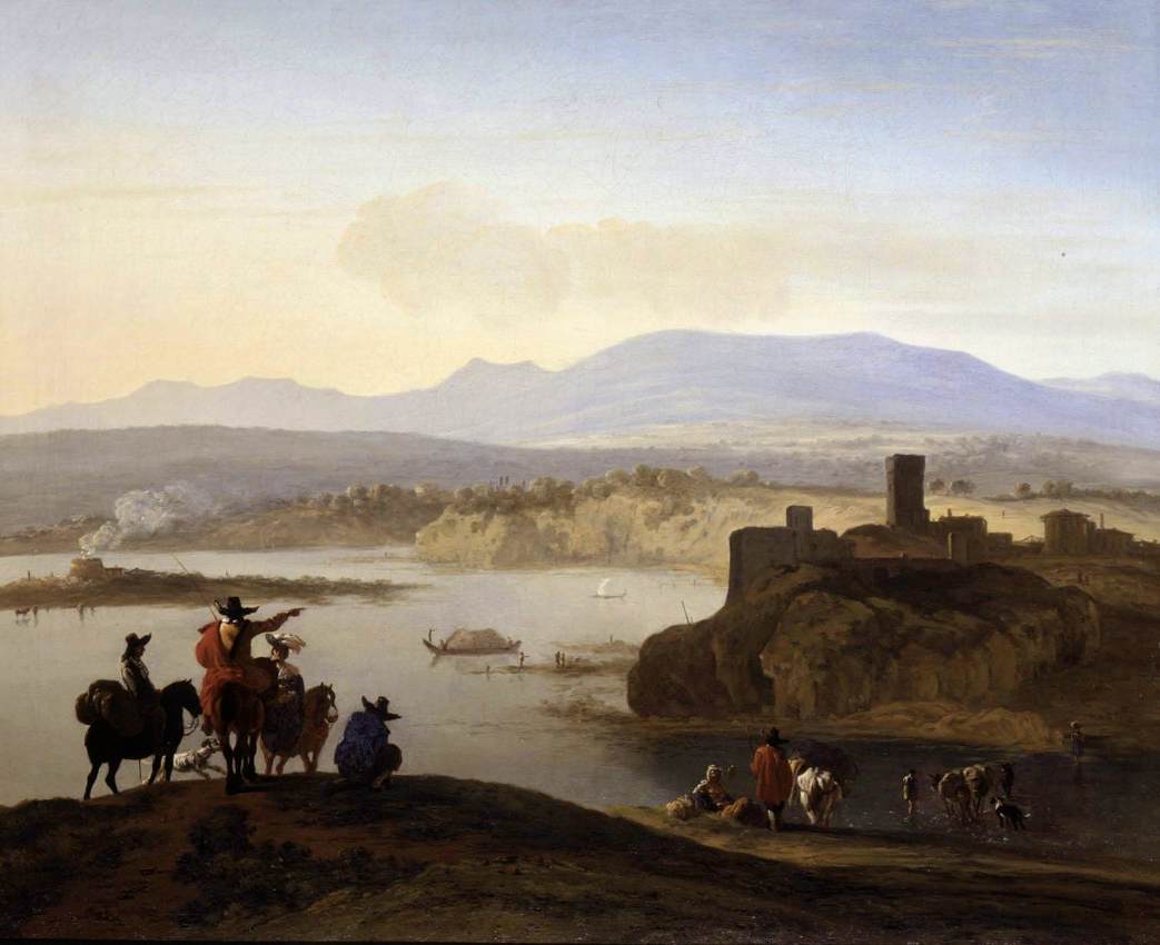 Italianate Landscape with Travellers on Horseback, vintage artwork by Carel Dujardin, 12x8" (A4) Poster