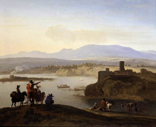 Italianate Landscape with Travellers on Horseback, vintage artwork by Carel Dujardin, 12x8" (A4) Poster