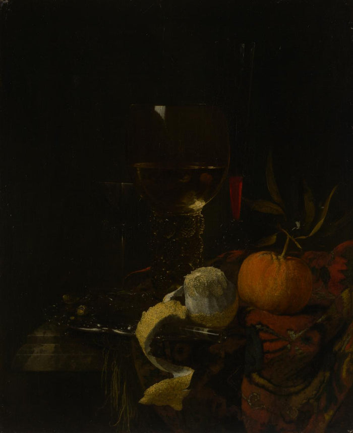 Still Life with Glasses and Fruit, vintage artwork by Willem Kalf, 12x8