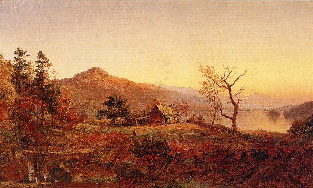 Fisherman's Hut, Greenwood Lake, vintage artwork by Jasper Francis Cropsey, 12x8" (A4) Poster