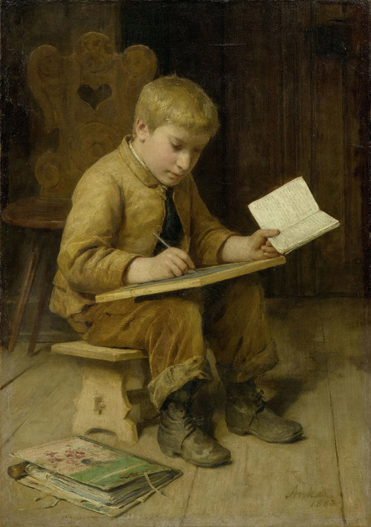 Boy Writing, vintage artwork by Albert Anker, 12x8" (A4) Poster