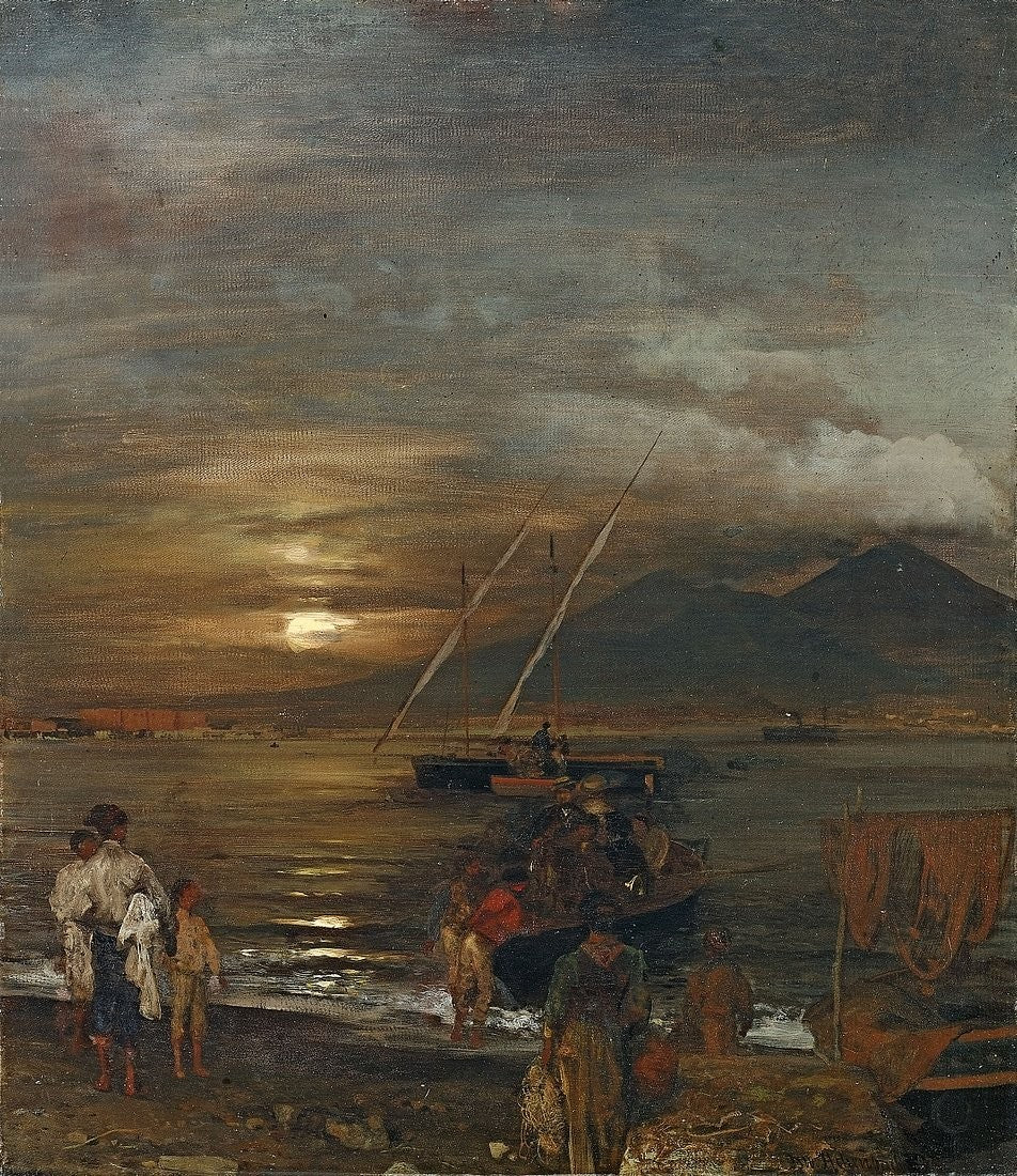 The Bay of Naples in Moonlight, vintage artwork by Oswald Achenbach, 12x8" (A4) Poster