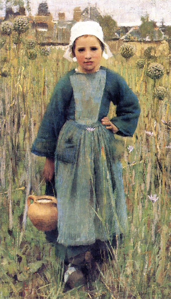 Breton Girl Carrying a Jar, vintage artwork by Sir George Clausen, R.A., R.W.S., R.I., 12x8" (A4) Poster