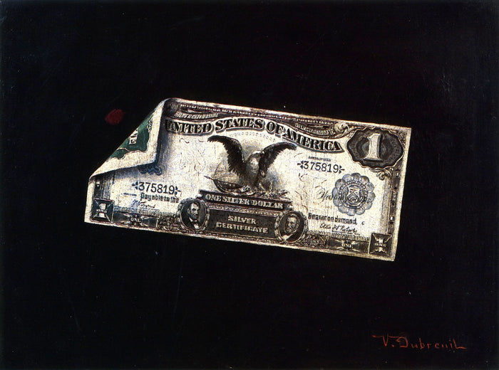 One Dollar Silver Certificate, vintage artwork by Victor Dubreuil, 12x8