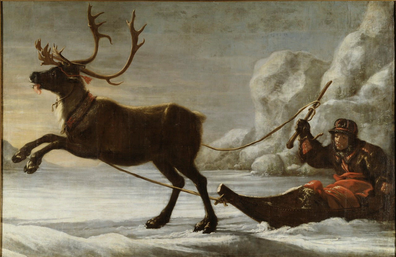Abraham Renstirna Dressed as a Lapp and his Reindeer, vintage artwork by David Klocker Ehrenstrahl, 12x8" (A4) Poster