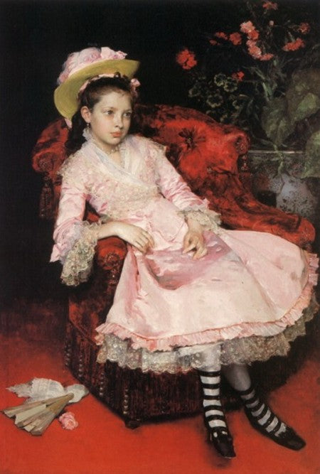 Portrait of a young girl in pink dress, vintage artwork by Raimundo de Madrazo y Garreta, 12x8" (A4) Poster