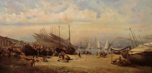 La Barceloneta, vintage artwork by Ramon Marti Alsina, 12x8" (A4) Poster