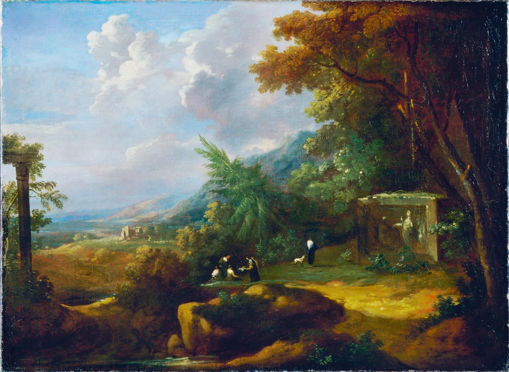 Landscape with Figures and Ruin, vintage artwork by Gaspard Dughet, 12x8" (A4) Poster