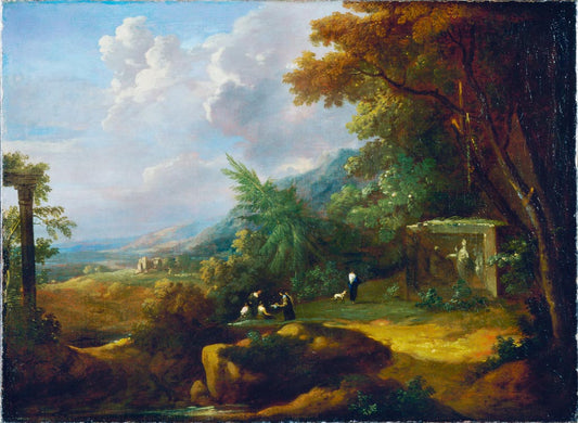 Landscape with Figures and Ruin, vintage artwork by Gaspard Dughet, 12x8" (A4) Poster