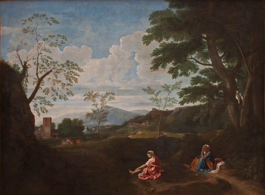Landscape with a Woman Washing Her Feet, vintage artwork by After Nicolas Poussin, 12x8" (A4) Poster