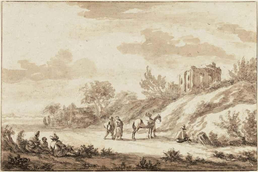 Travellers in a Wooded Landscape beneath a Ruined Circular Temple, vintage artwork by Pieter Mulier the Younger, 12x8" (A4) Poster