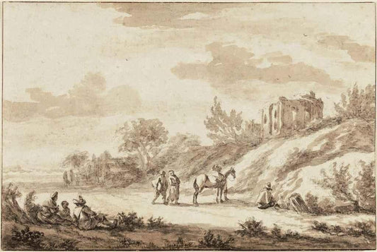 Travellers in a Wooded Landscape beneath a Ruined Circular Temple, vintage artwork by Pieter Mulier the Younger, 12x8" (A4) Poster