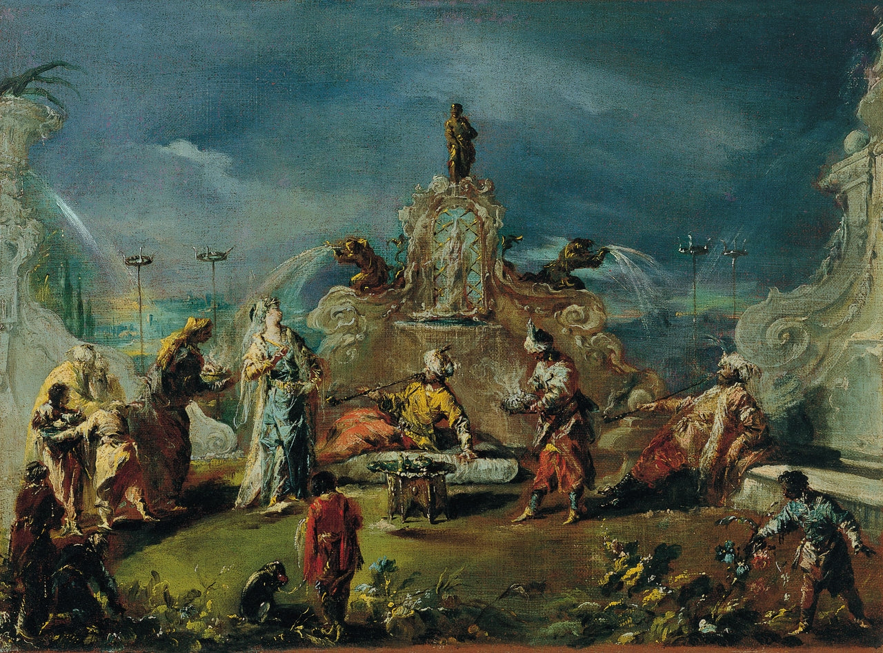 Scene in the Garden of a Serraglio, vintage artwork by Giovanni Antonio Guardi, 12x8" (A4) Poster
