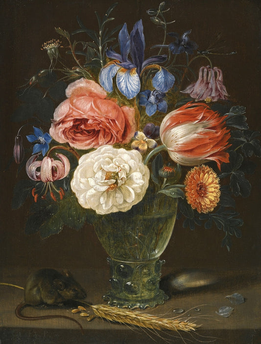 A still life of flowers in a roemer with a field mouse and an ear of wheat, vintage artwork by Clara Peeters, 12x8" (A4) Poster