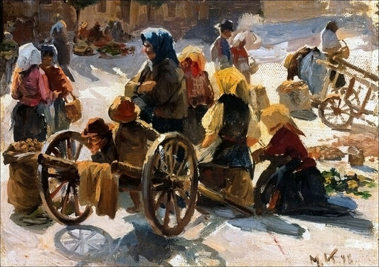 Market in France, vintage artwork by Marie Triepcke Kroyer, 12x8" (A4) Poster