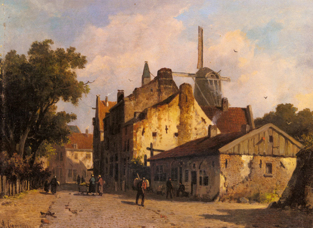 Village Scene With A Windmill, vintage artwork by Adrianus Eversen, A3 (16x12") Poster Print