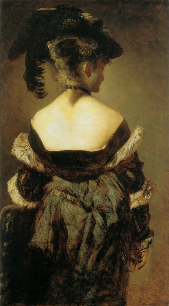 Lady with Feather Hat from Behind, vintage artwork by Hans Makart, 12x8" (A4) Poster