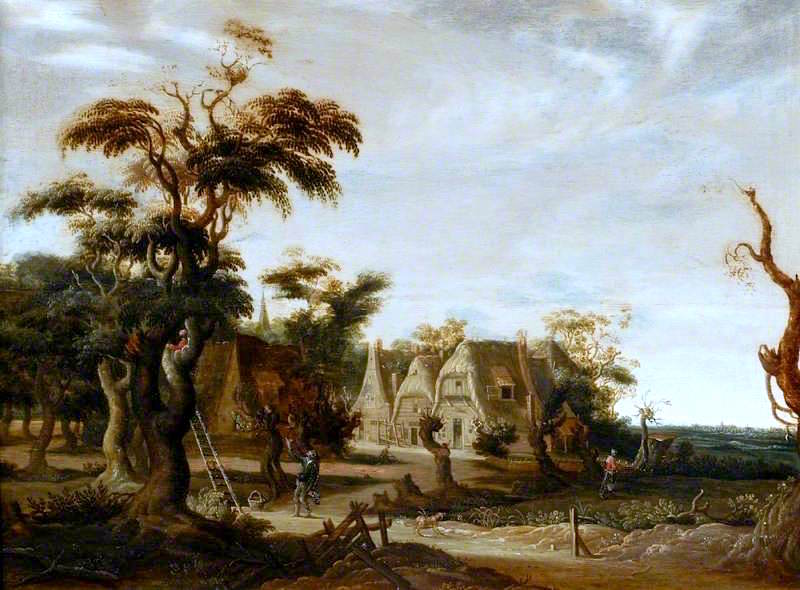 Landscape with Houses and Figures, vintage artwork by Attributed to Govert Dircksz. Camphuysen, 12x8" (A4) Poster