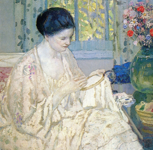Embroidering, vintage artwork by Frederick Carl Frieseke, 12x8" (A4) Poster