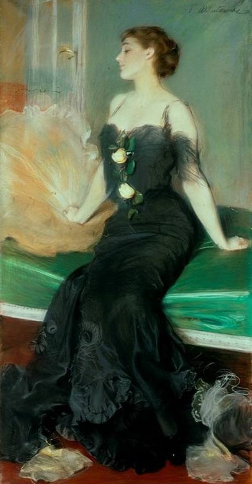 Portrait of a lady in a black dress, vintage artwork by Theodor Axentowicz, 12x8" (A4) Poster