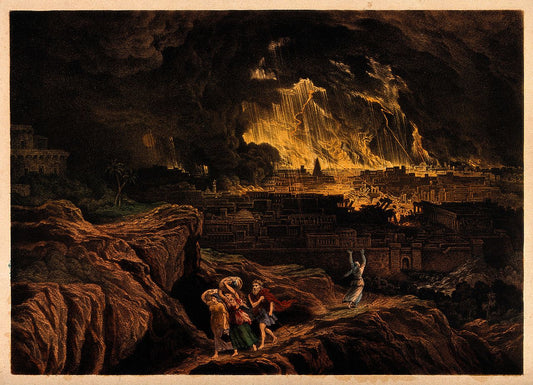 Lot and his family flee Sodom as it burns, vintage artwork by After John Martin, 12x8" (A4) Poster