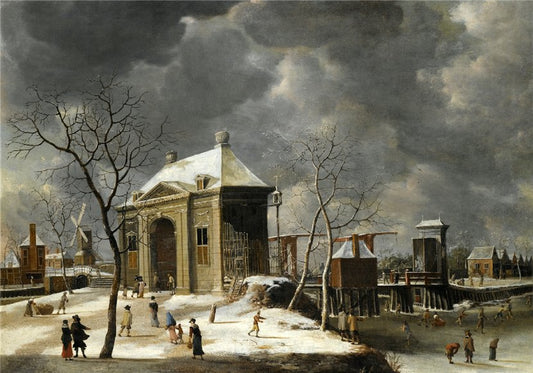 A view of the Heiligewegspoort from the north-west, with skaters, vintage artwork by Jan Abrahamsz Beerstraten, 12x8" (A4) Poster