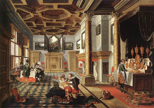 Renaissance Interior with Banqueters, vintage artwork by Bartholomeus van Bassen, 12x8" (A4) Poster