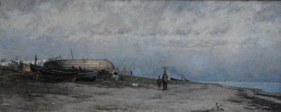Beach with Boats, Lomma by Johan Krouthen,A3(16x12")Poster