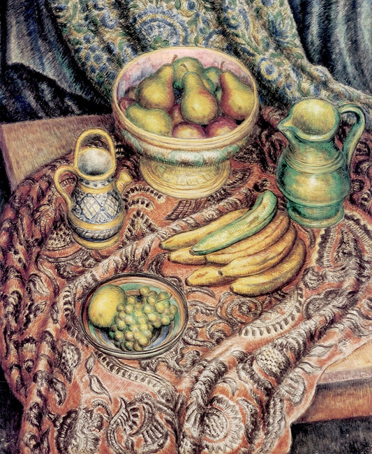 Still Life with Pears, Bananas, and Grapes, vintage artwork by Middleton Manigault, 12x8" (A4) Poster