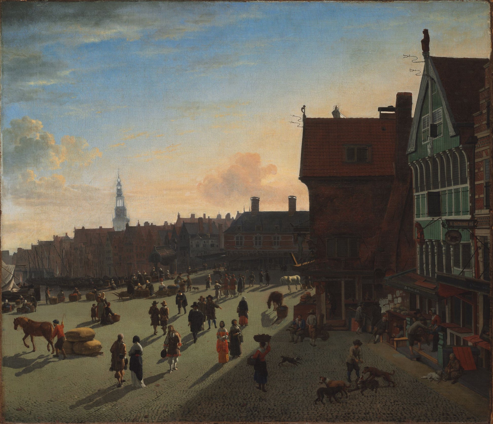 The Dam and Damrak, Amsterdam, vintage artwork by Jan van der Heyden, 12x8" (A4) Poster