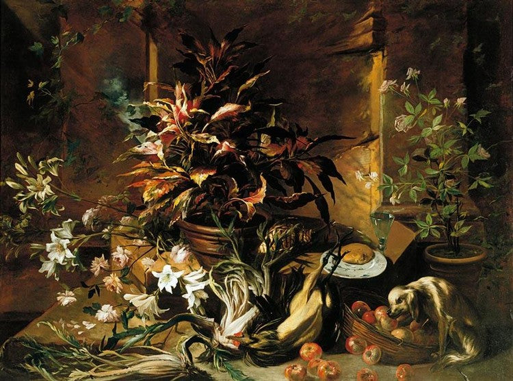 Still life with potted plants and roses, dog, a basket of apples, fennel, and semi-plucked rooster, vintage artwork by Nicola van Houbraken, 12x8" (A4) Poster