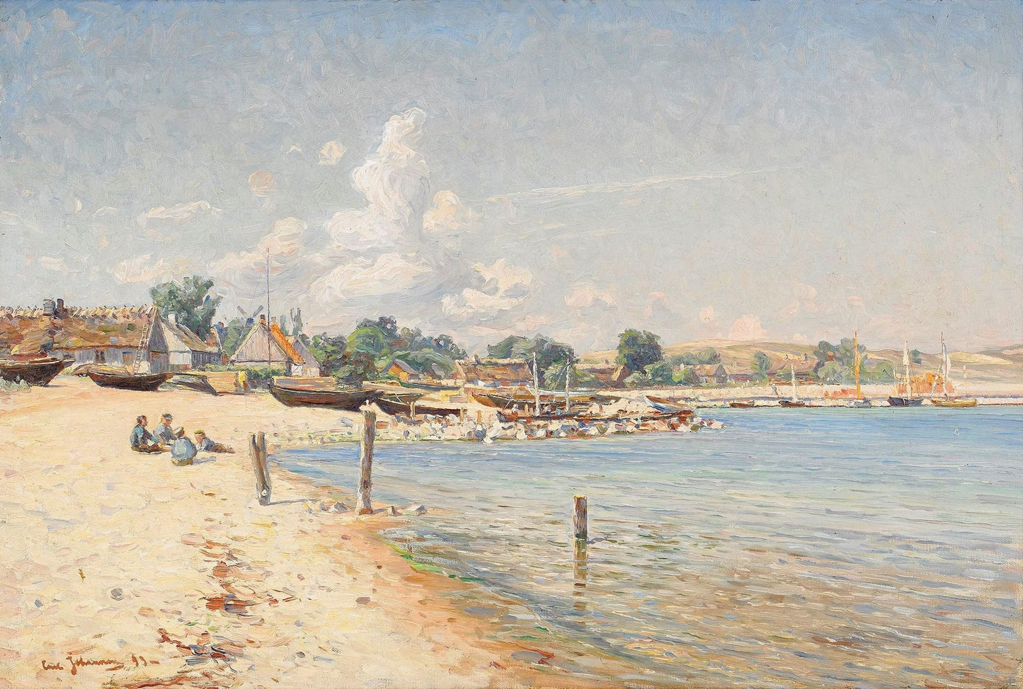 Beach Landscape with Children, vintage artwork by Carl Johansson, 12x8" (A4) Poster