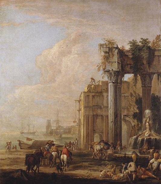 A Seaport with a Fountain and Ruins, vintage artwork by Luca Carlevarijs, 12x8" (A4) Poster
