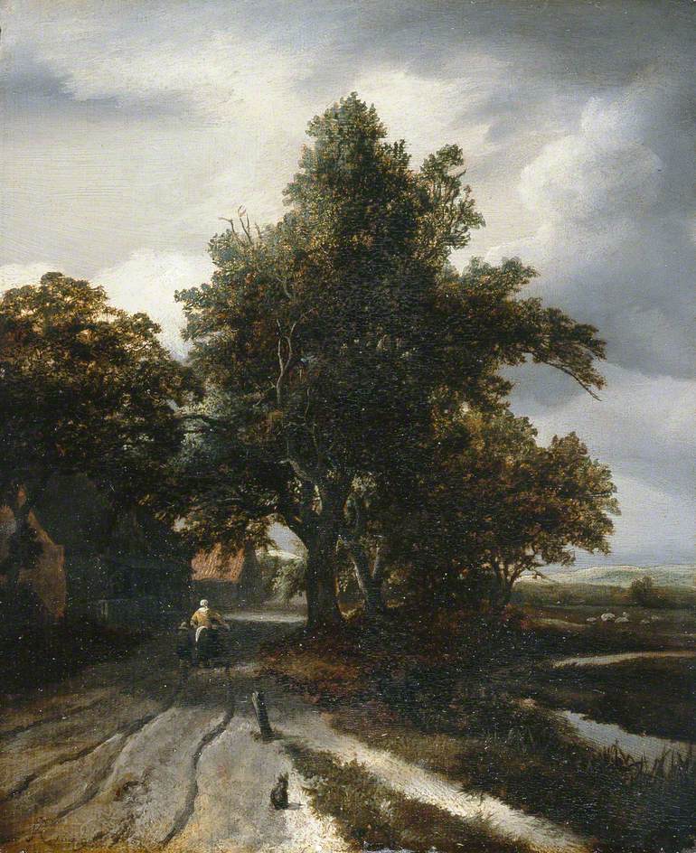 Landscape with a Woman and Child, vintage artwork by Jacob van Ruisdael, 12x8" (A4) Poster