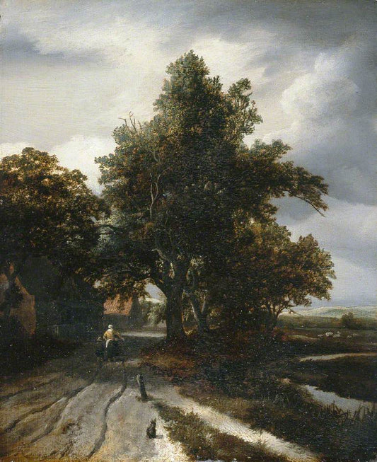 Landscape with a Woman and Child, vintage artwork by Jacob van Ruisdael, 12x8" (A4) Poster