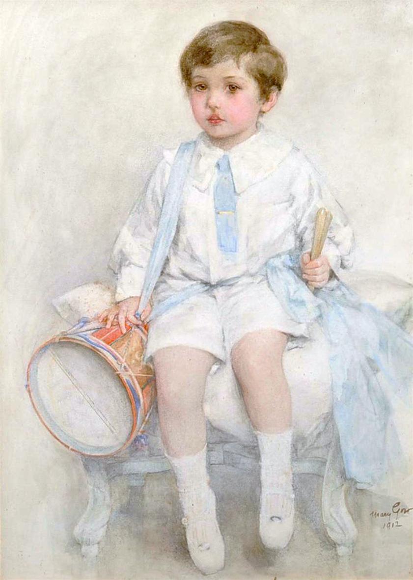 Portrait of a Boy with a Drum, vintage artwork by Mary Louisa Gow, 12x8" (A4) Poster