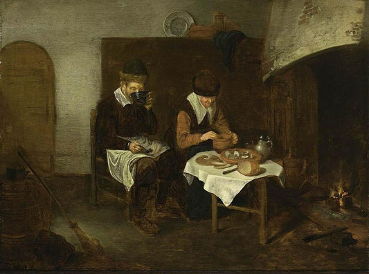 Couple Having a Meal before a Fireplace, vintage artwork by Quiringh van Brekelenkam, 12x8" (A4) Poster